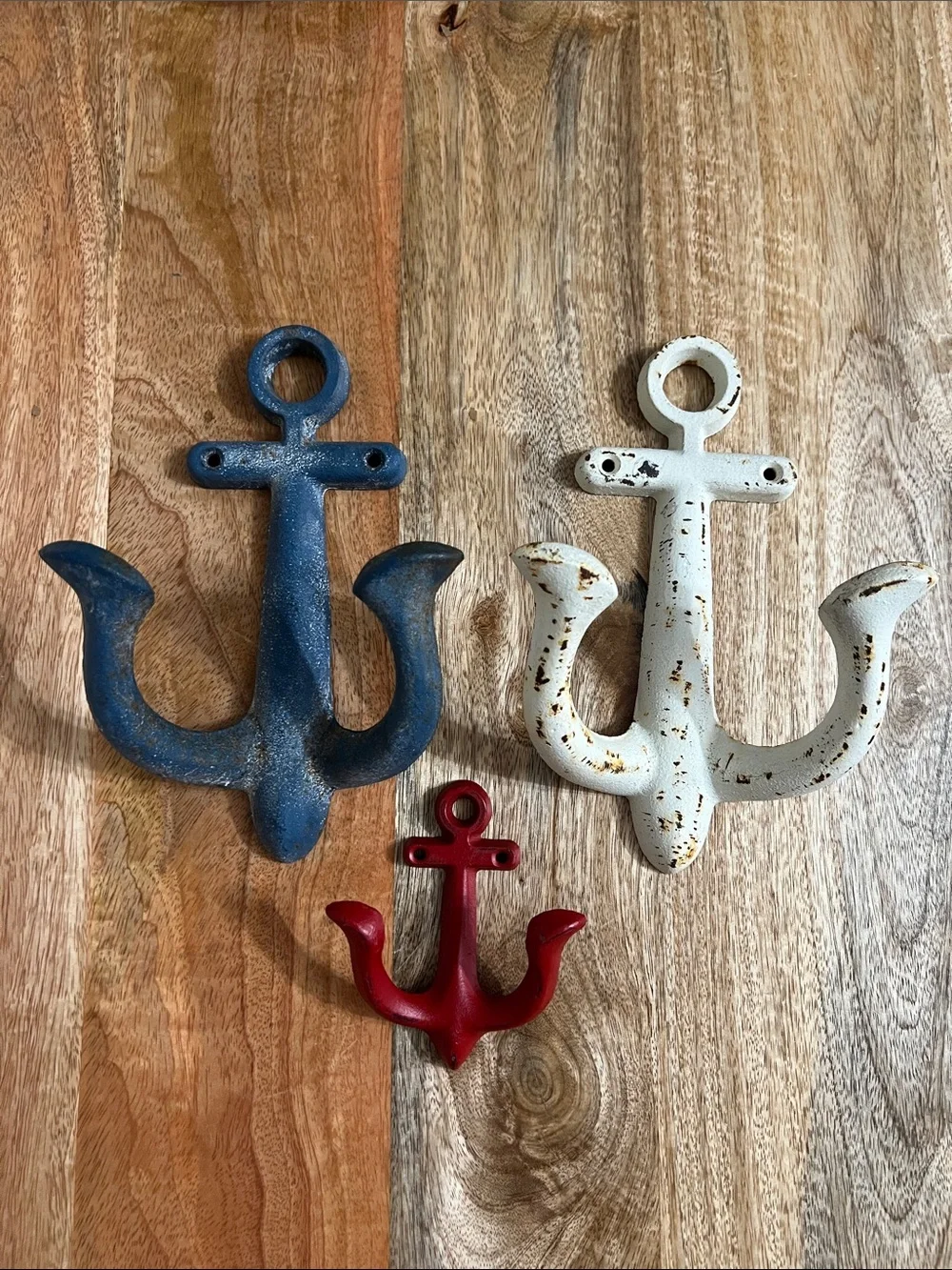 Coastal Anchor Wall Hooks - Red, White & Blue Decorative Rustic Metal Hooks